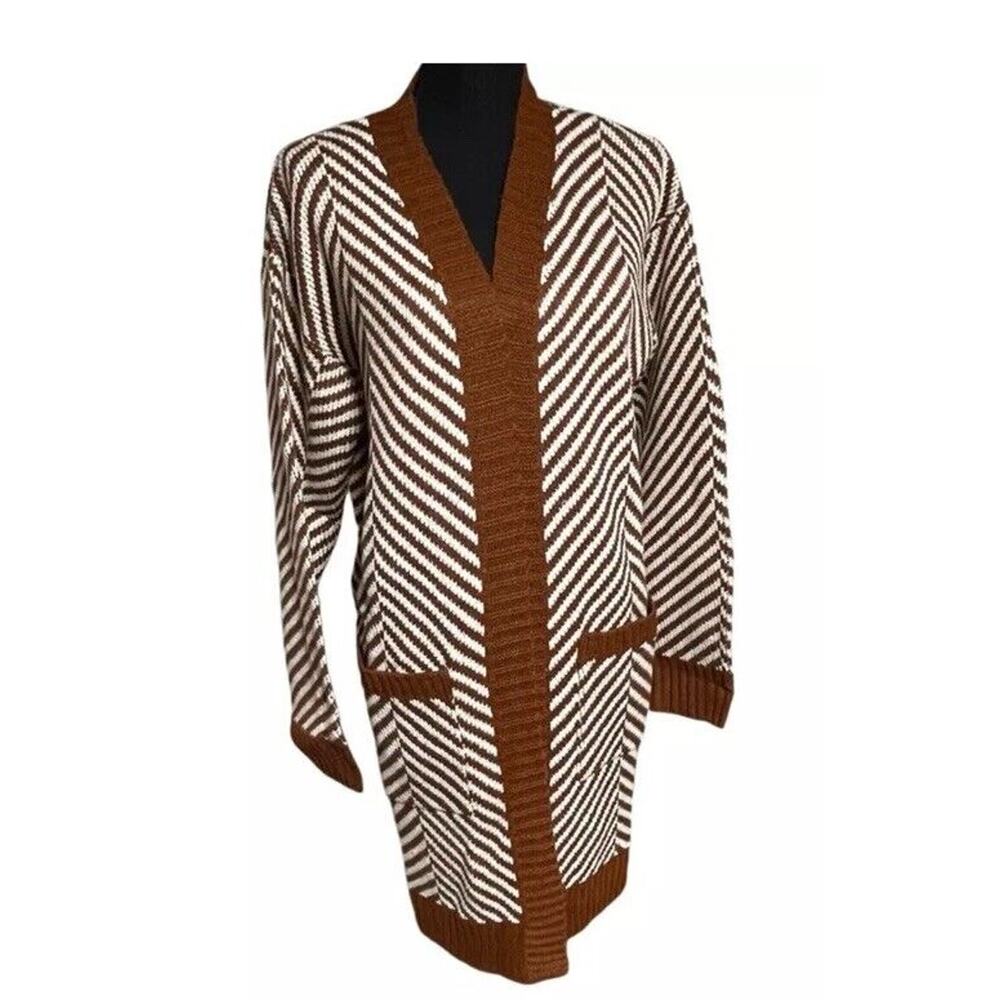 Fortune+Ivy Women’s Rust White Chevron Open Front Longline Cardigan Small NIB